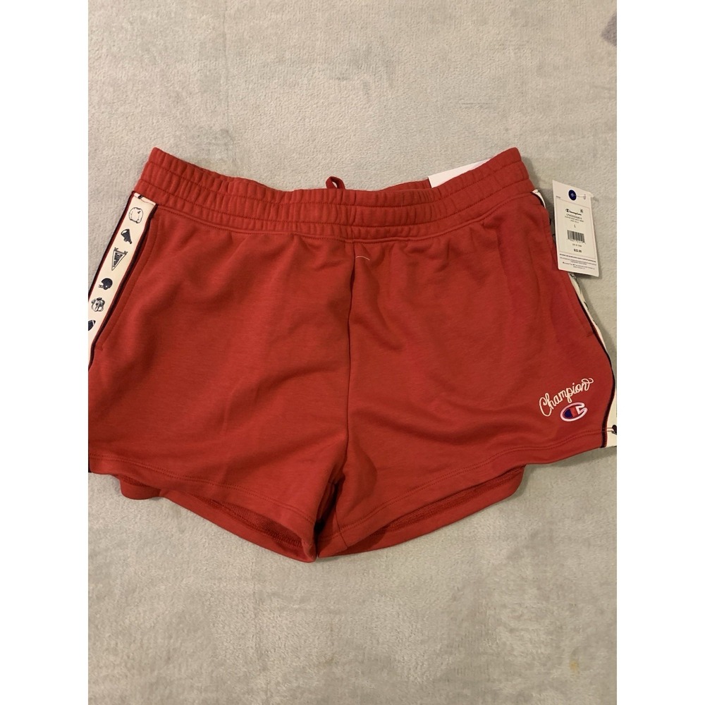 Champion Shorts Womens Large Red Athletic Sweat Shorts Logo Tape Side Stripe NEW